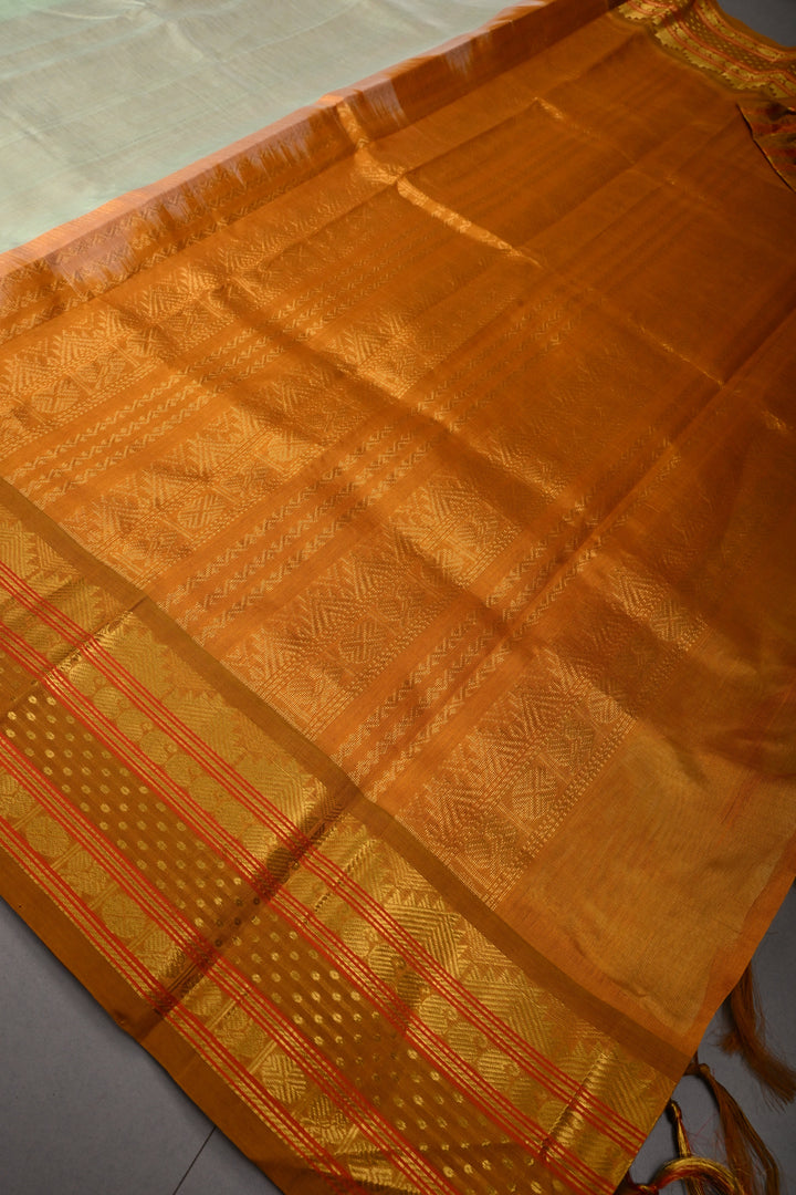 Mint Green Koravi Kanchi Silk Cotton 100% Handloom Saree with Contrast Zari Border | SHOBITAM