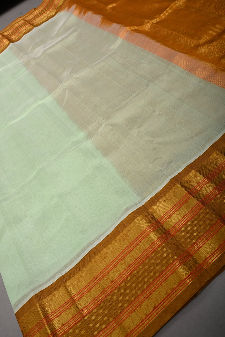 Mint Green Koravi Kanchi Silk Cotton 100% Handloom Saree with Contrast Zari Border | SHOBITAM