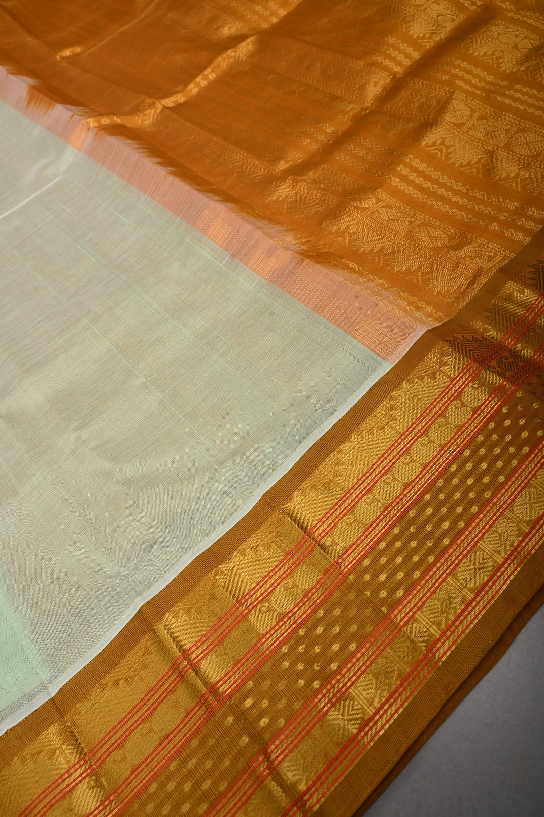 Mint Green Koravi Kanchi Silk Cotton 100% Handloom Saree with Contrast Zari Border | SHOBITAM