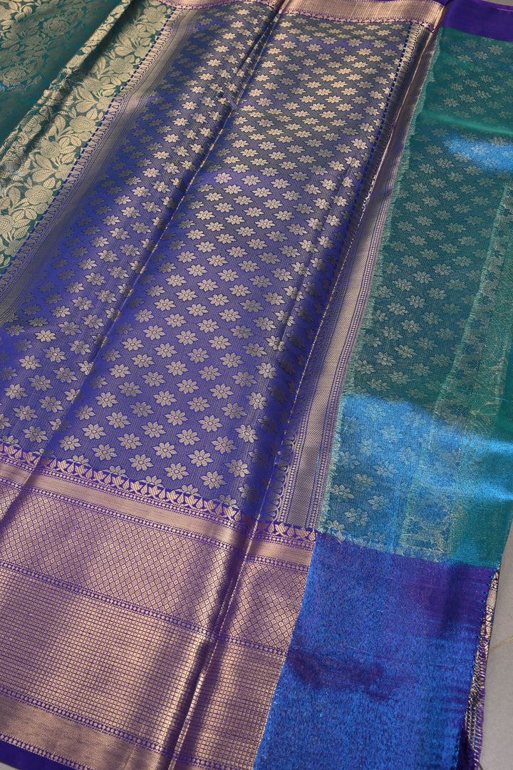 Blue-Green Dual Tone Tissue Kanjivaram Soft Semi Silk Saree with Floral Brocade Jaal and Contrast Wide Zari Border | SHOBITAM