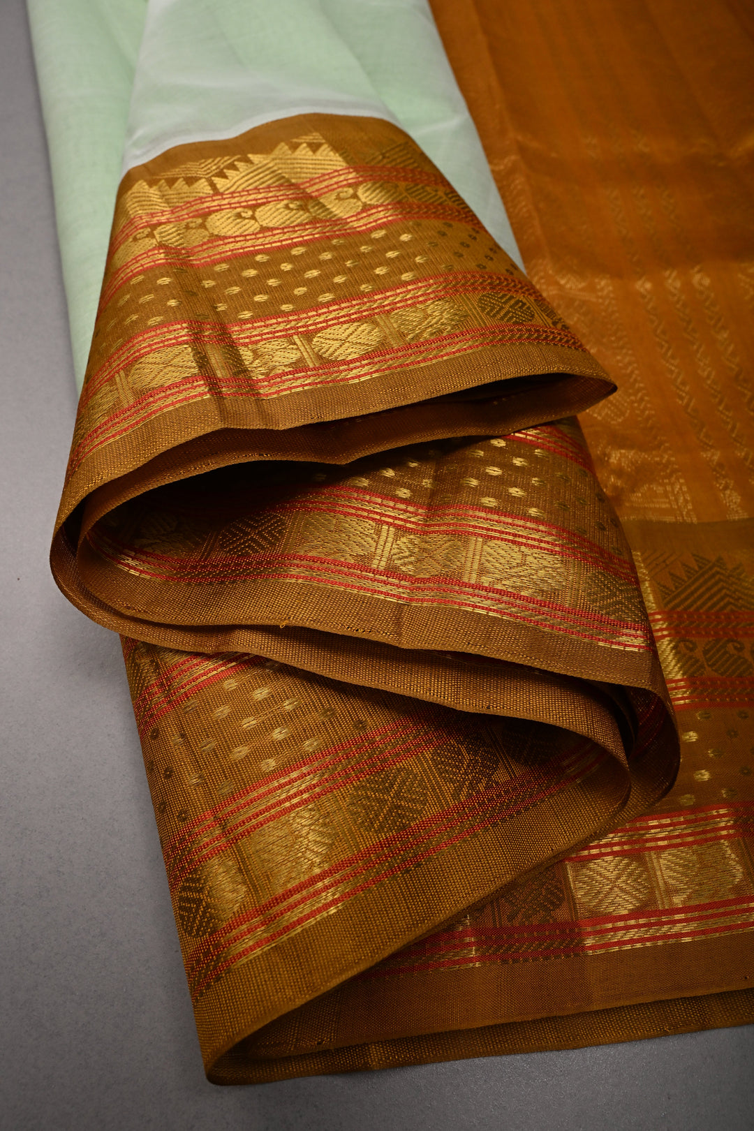 Mint Green Koravi Kanchi Silk Cotton 100% Handloom Saree with Contrast Zari Border | SHOBITAM
