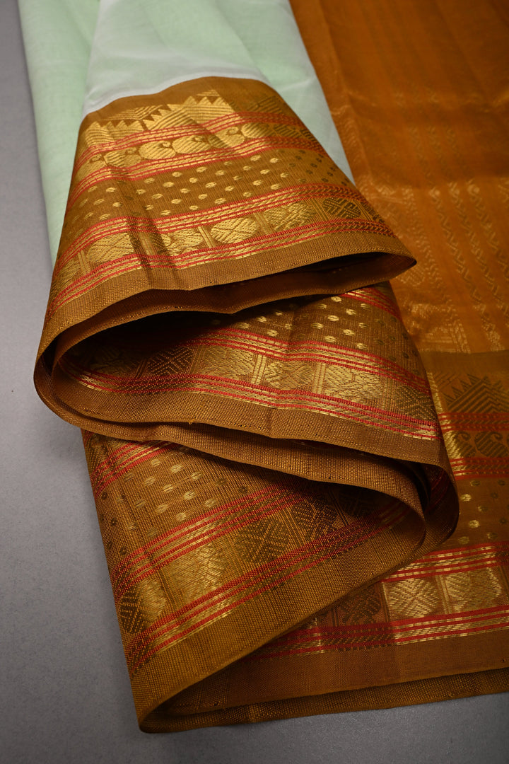 Mint Green Koravi Kanchi Silk Cotton 100% Handloom Saree with Contrast Zari Border | SHOBITAM