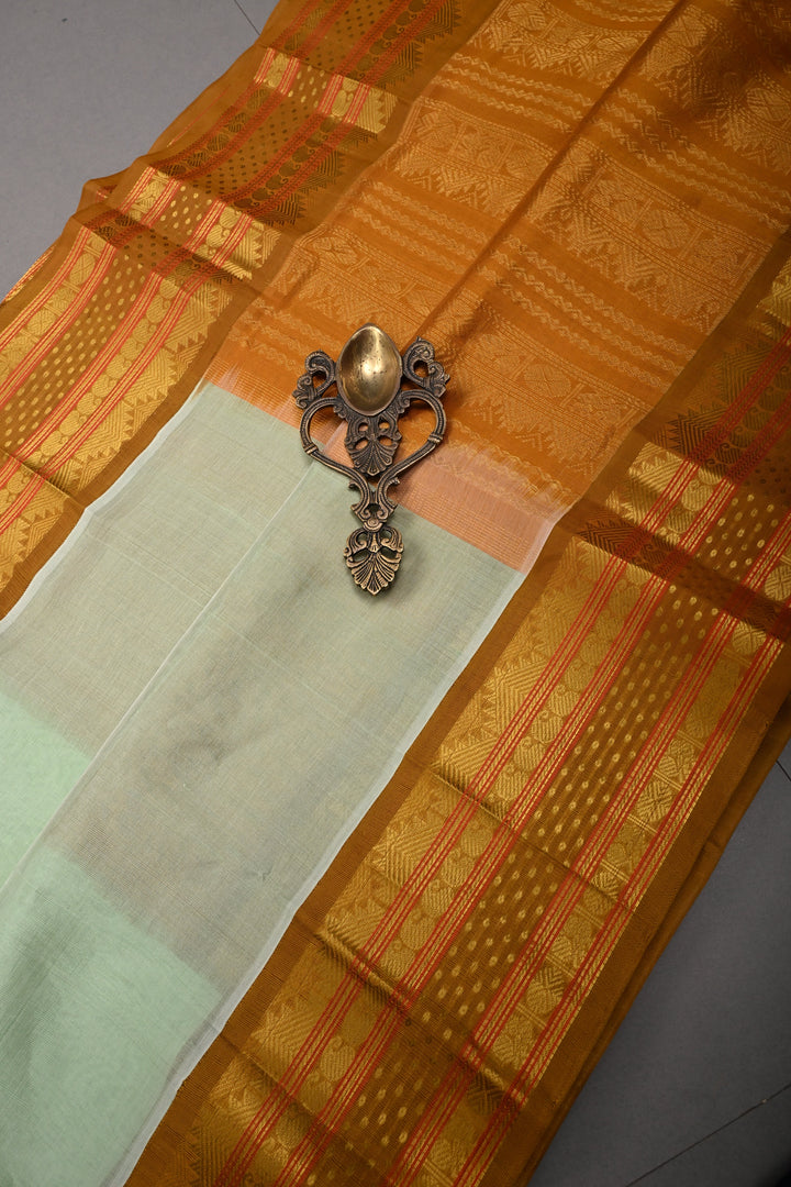 Mint Green Koravi Kanchi Silk Cotton 100% Handloom Saree with Contrast Zari Border | SHOBITAM