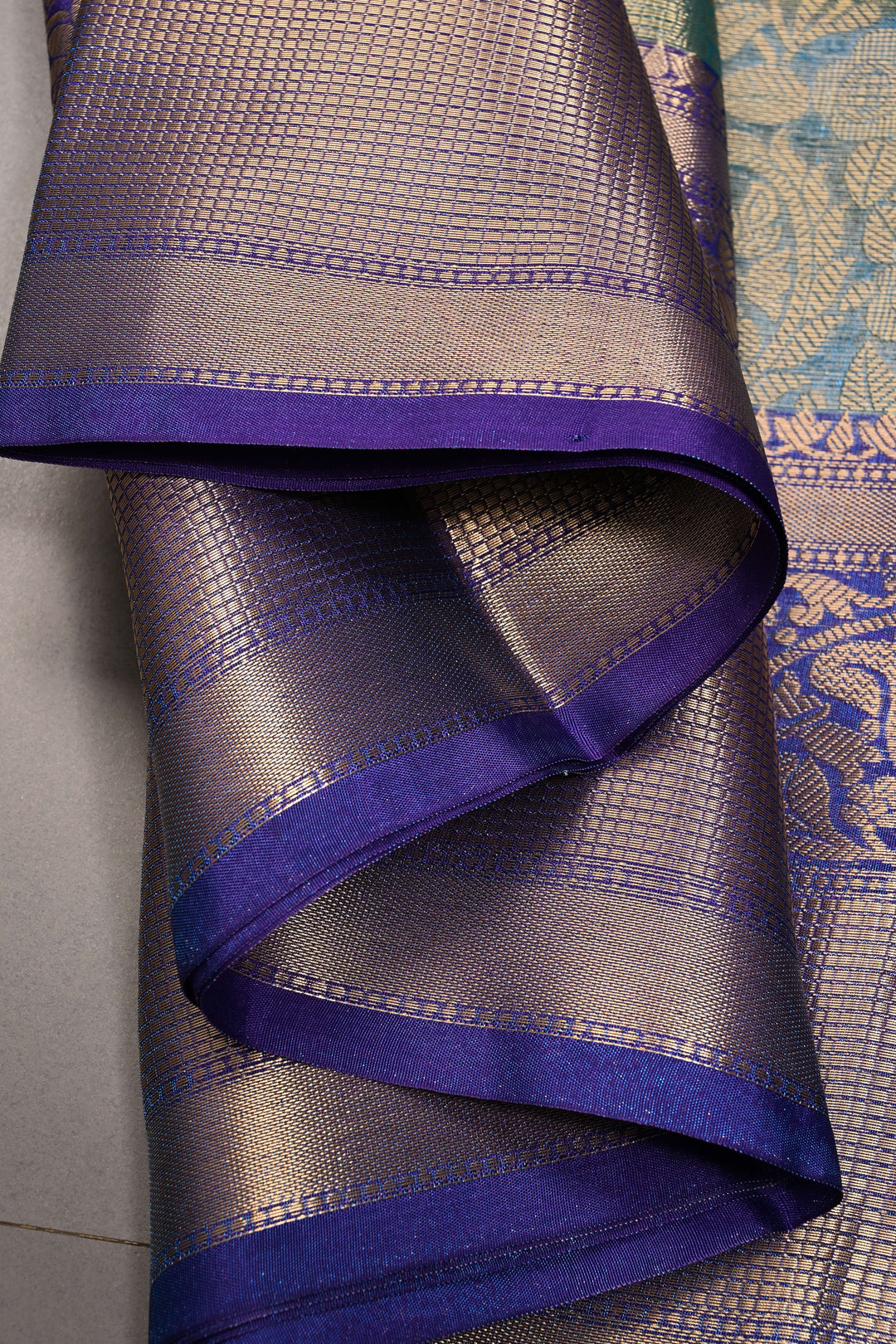 Blue-Green Dual Tone Tissue Kanjivaram Soft Semi Silk Saree with Floral Brocade Jaal and Contrast Wide Zari Border | SHOBITAM