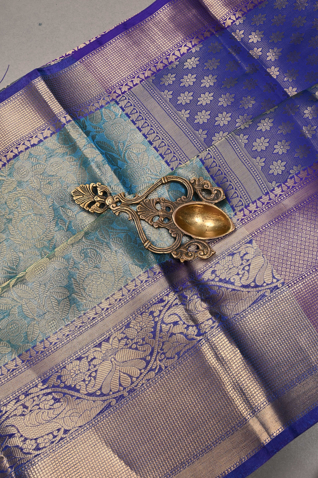 Blue-Green Dual Tone Tissue Kanjivaram Soft Semi Silk Saree with Floral Brocade Jaal and Contrast Wide Zari Border | SHOBITAM