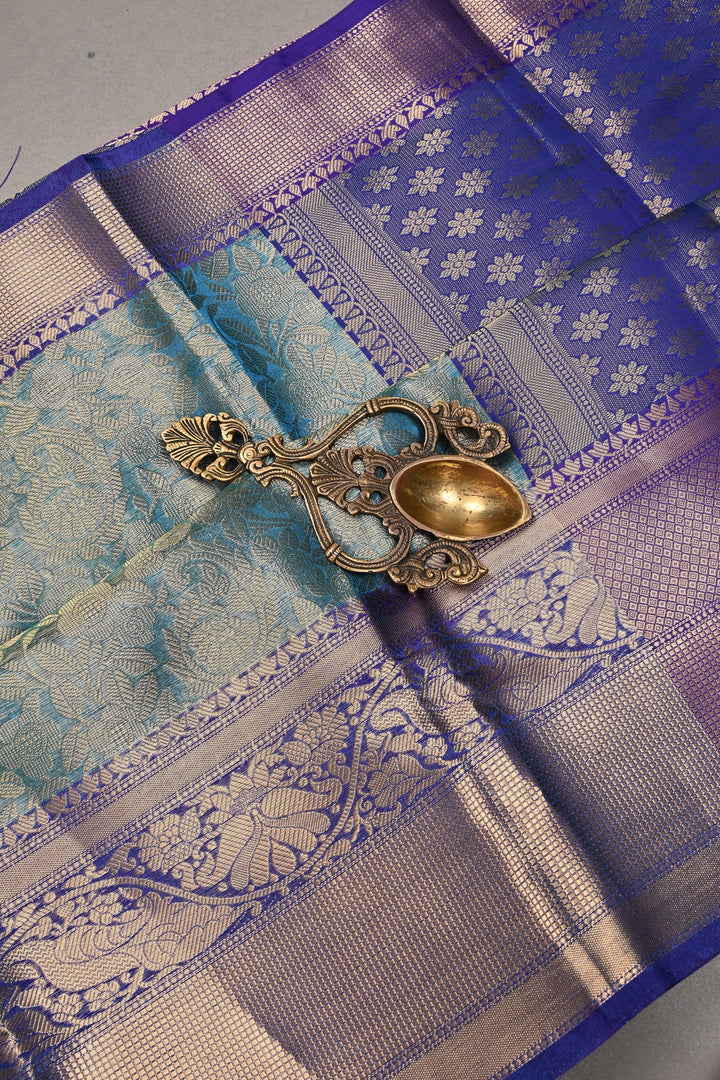Blue-Green Dual Tone Tissue Kanjivaram Soft Semi Silk Saree with Floral Brocade Jaal and Contrast Wide Zari Border | SHOBITAM