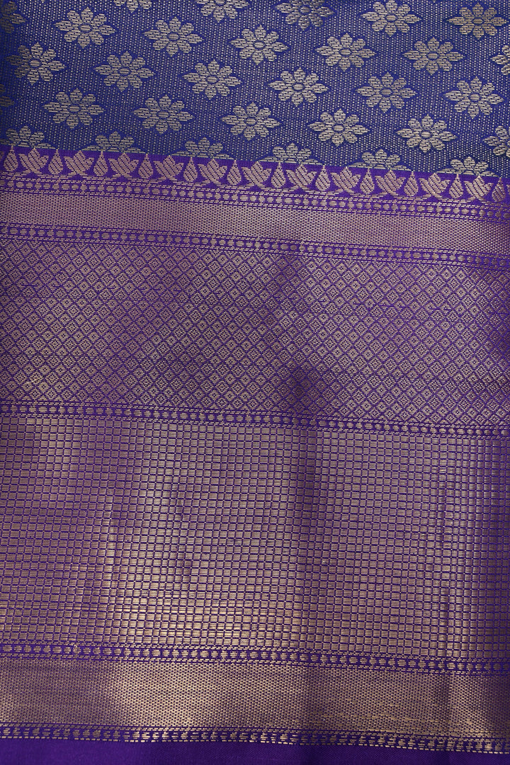 Blue-Green Dual Tone Tissue Kanjivaram Soft Semi Silk Saree with Floral Brocade Jaal and Contrast Wide Zari Border | SHOBITAM