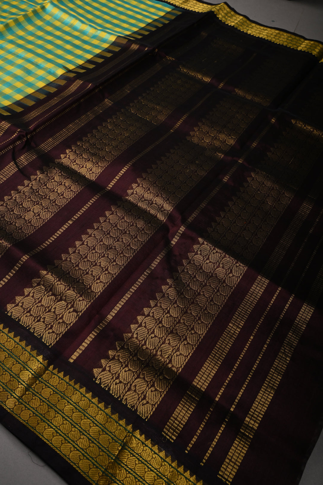 Turquoise Checks Pallum Pazhamum Kanchi Silk Cotton 100% Handloom Saree And Contrast Zari Border | SHOBITAM