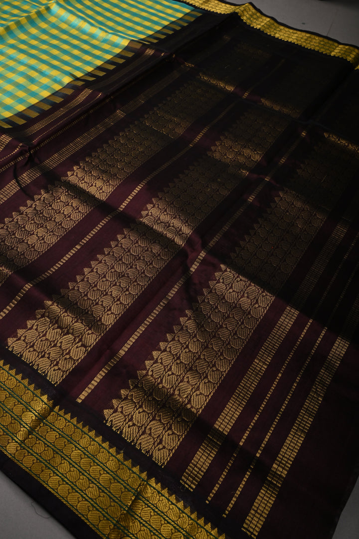 Turquoise Checks Pallum Pazhamum Kanchi Silk Cotton 100% Handloom Saree And Contrast Zari Border | SHOBITAM