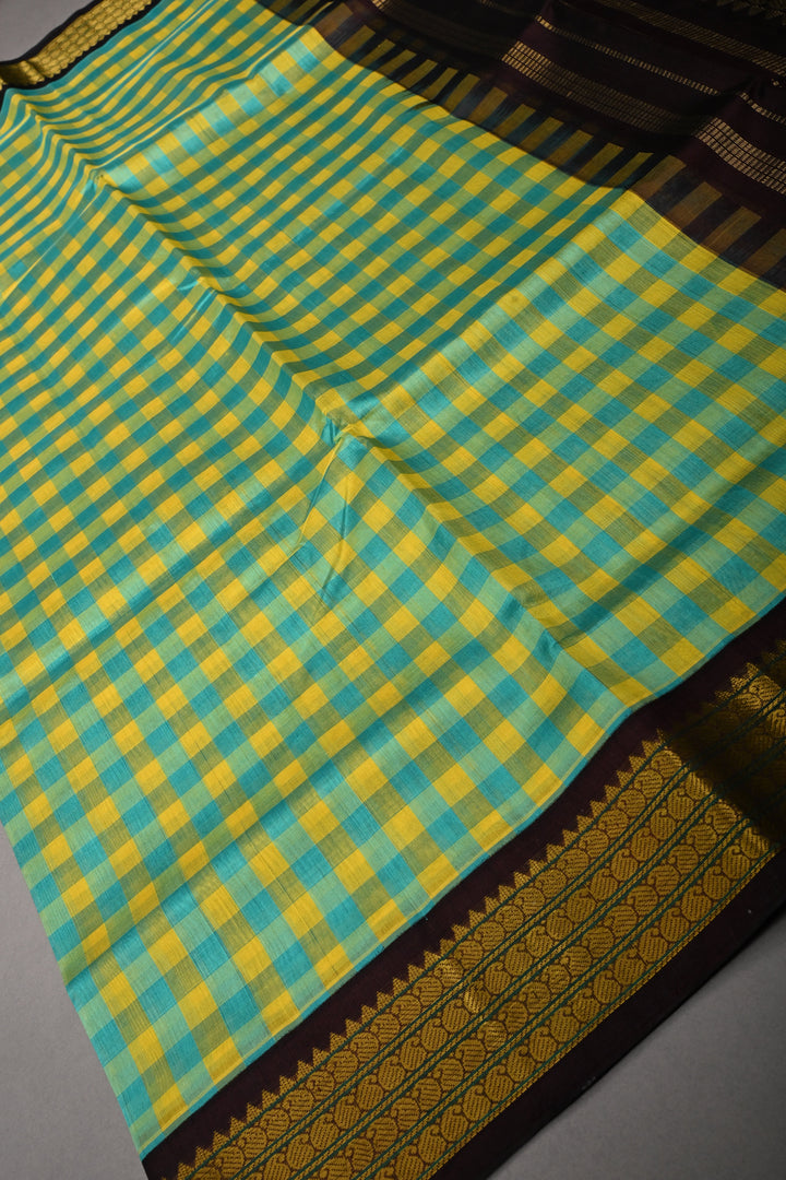 Turquoise Checks Pallum Pazhamum Kanchi Silk Cotton 100% Handloom Saree And Contrast Zari Border | SHOBITAM