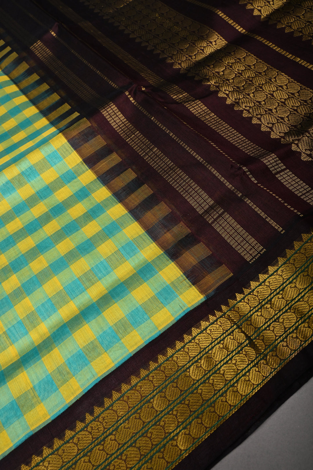 Turquoise Checks Pallum Pazhamum Kanchi Silk Cotton 100% Handloom Saree And Contrast Zari Border | SHOBITAM