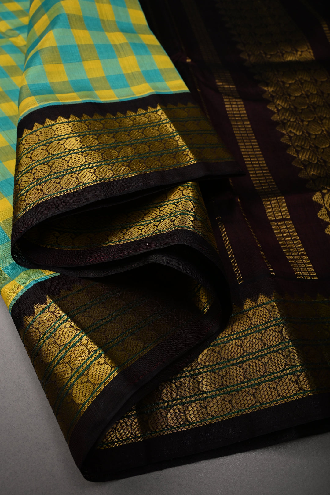 Turquoise Checks Pallum Pazhamum Kanchi Silk Cotton 100% Handloom Saree And Contrast Zari Border | SHOBITAM