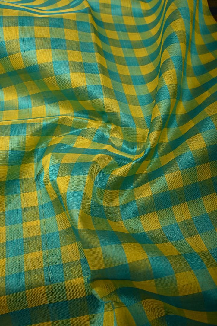 Turquoise Checks Pallum Pazhamum Kanchi Silk Cotton 100% Handloom Saree And Contrast Zari Border | SHOBITAM