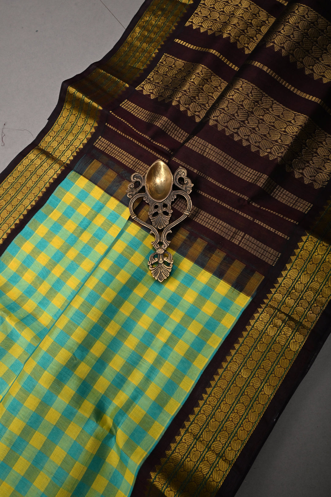 Turquoise Checks Pallum Pazhamum Kanchi Silk Cotton 100% Handloom Saree And Contrast Zari Border | SHOBITAM