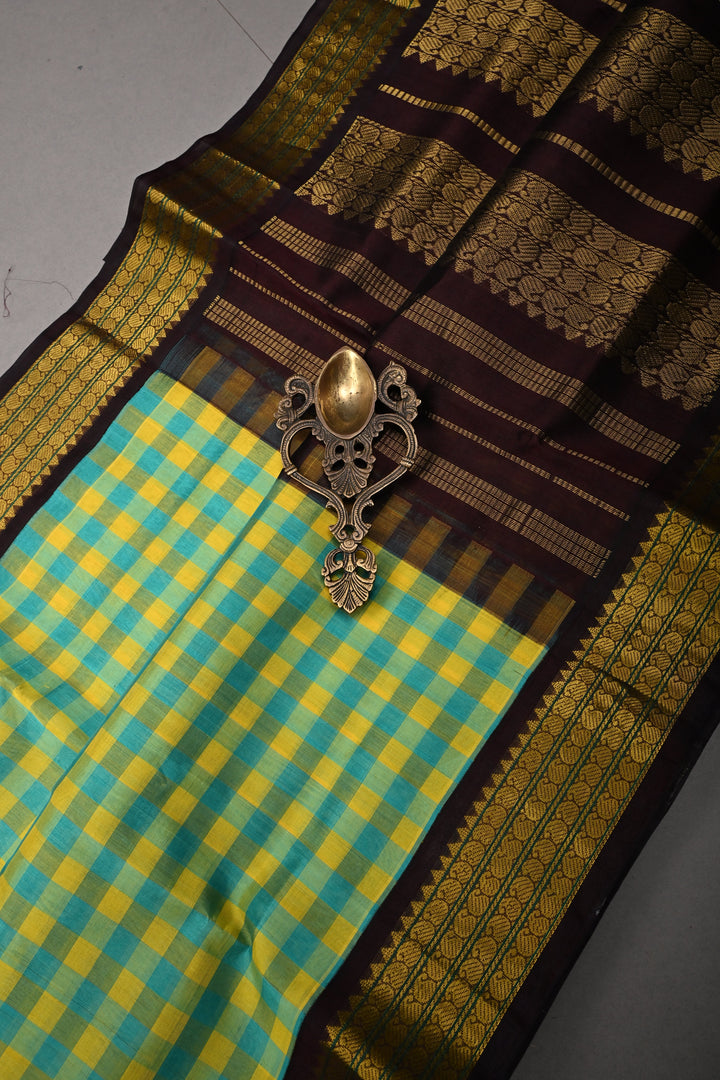 Turquoise Checks Pallum Pazhamum Kanchi Silk Cotton 100% Handloom Saree And Contrast Zari Border | SHOBITAM