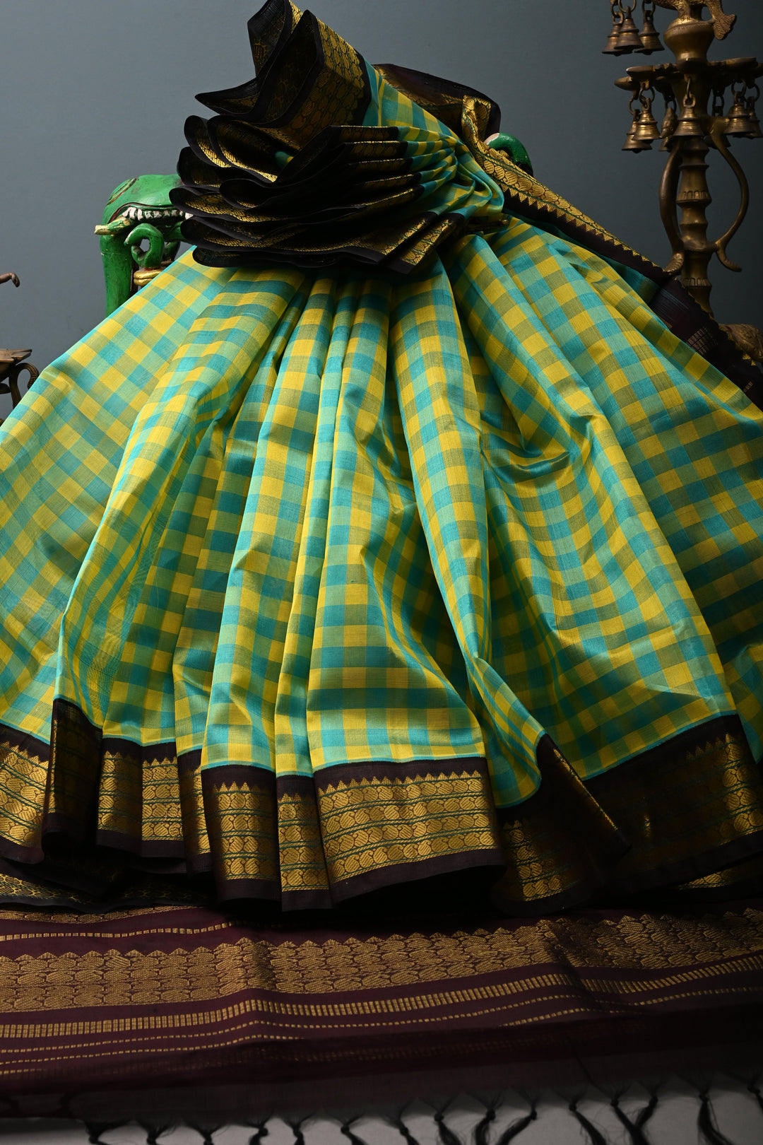 Turquoise Checks Pallum Pazhamum Kanchi Silk Cotton 100% Handloom Saree And Contrast Zari Border | SHOBITAM