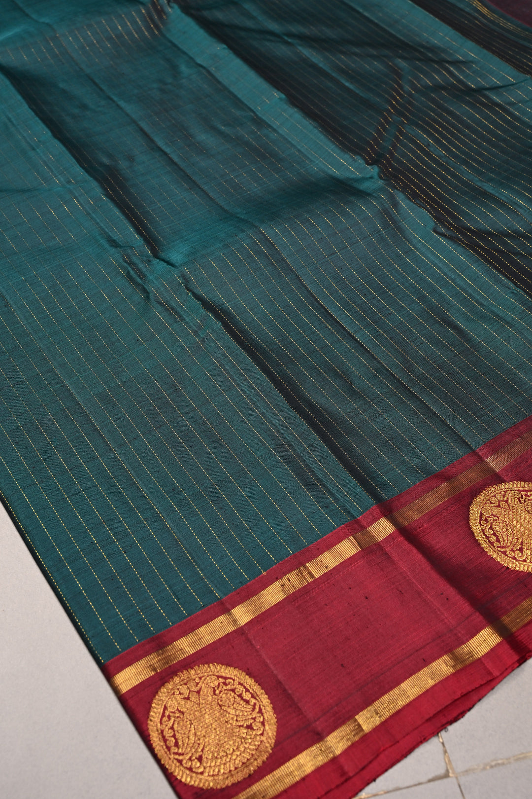Hunter Green Kanjivaram Pure Silk Saree with Vairaoosi Zari Stripes and Gandaberunda Zari Buttas on Contrast Border | SILK MARK CERTIFIED | SHOBITAM