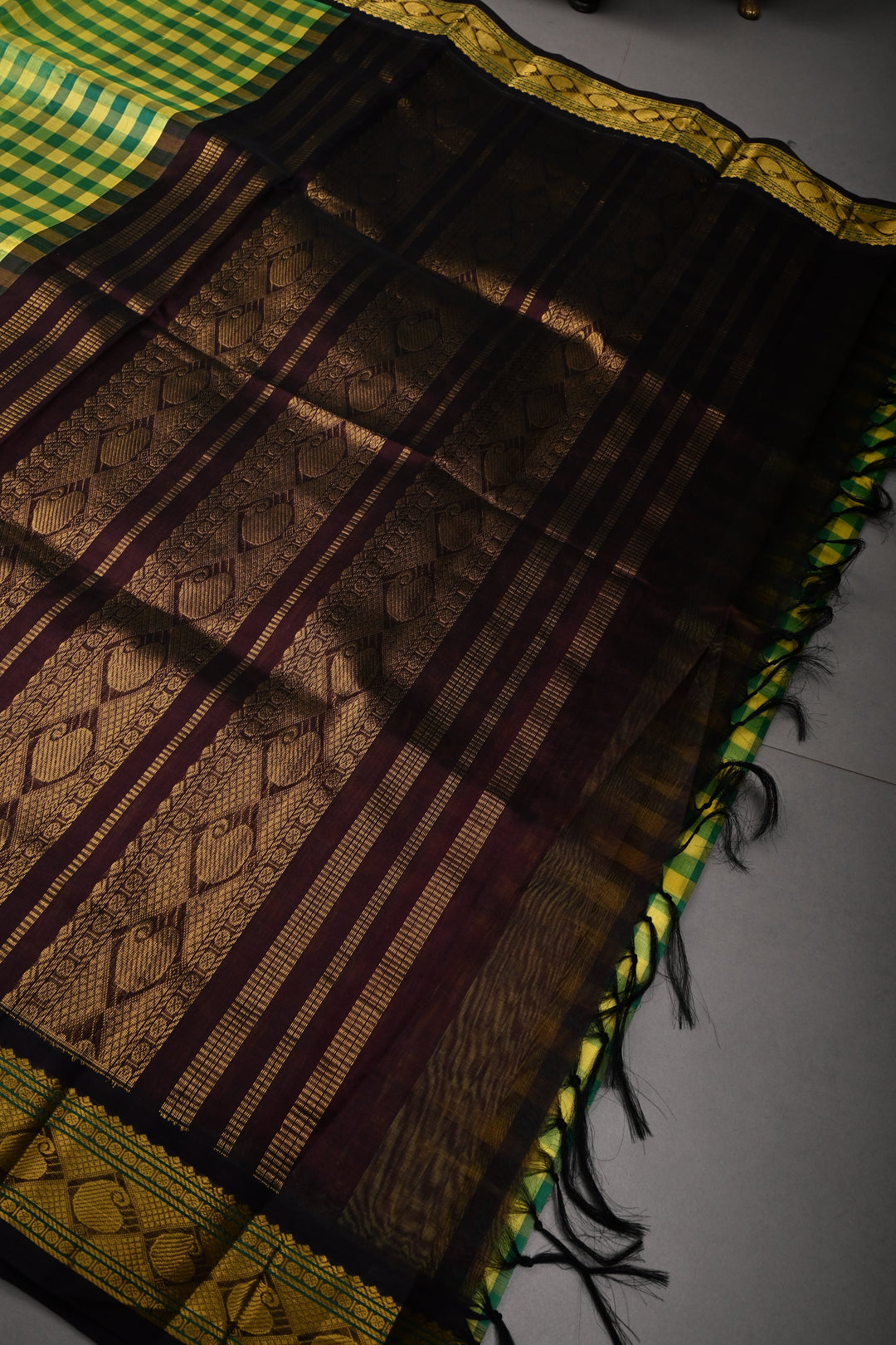 Green-Yellow Checks Kanchi Silk Cotton 100% Handloom Saree And Contrast Zari Border | SHOBITAM