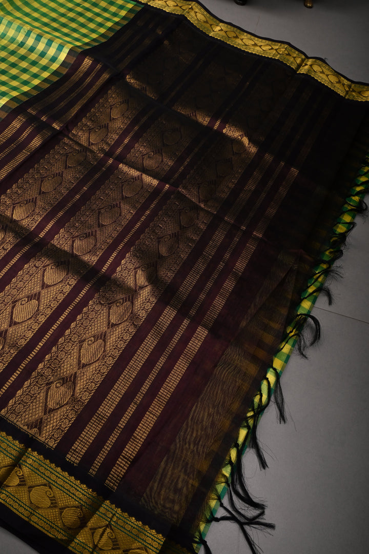 Green-Yellow Checks Kanchi Silk Cotton 100% Handloom Saree And Contrast Zari Border | SHOBITAM