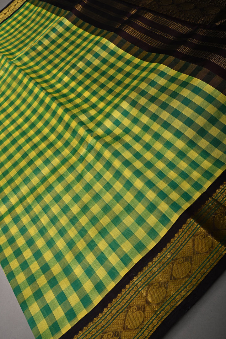 Green-Yellow Checks Kanchi Silk Cotton 100% Handloom Saree And Contrast Zari Border | SHOBITAM