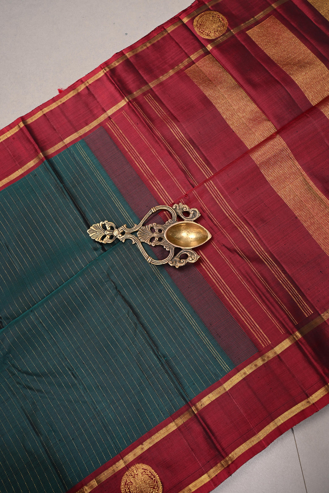 Hunter Green Kanjivaram Pure Silk Saree with Vairaoosi Zari Stripes and Gandaberunda Zari Buttas on Contrast Border | SILK MARK CERTIFIED | SHOBITAM