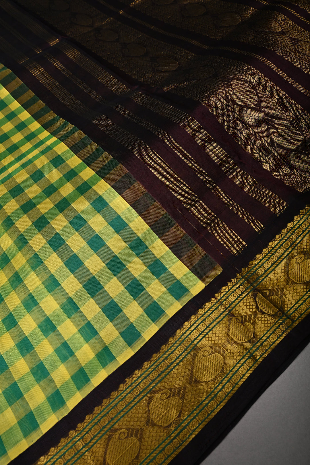Green-Yellow Checks Kanchi Silk Cotton 100% Handloom Saree And Contrast Zari Border | SHOBITAM
