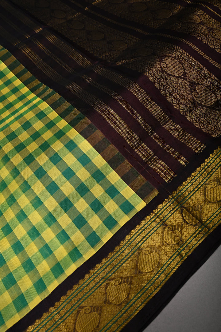 Green-Yellow Checks Kanchi Silk Cotton 100% Handloom Saree And Contrast Zari Border | SHOBITAM