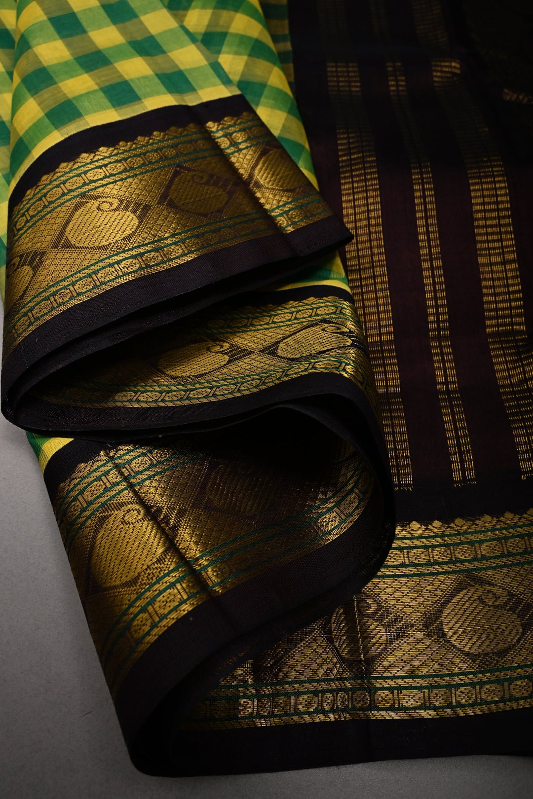 Green-Yellow Checks Kanchi Silk Cotton 100% Handloom Saree And Contrast Zari Border | SHOBITAM