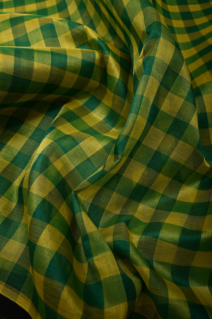 Green-Yellow Checks Kanchi Silk Cotton 100% Handloom Saree And Contrast Zari Border | SHOBITAM