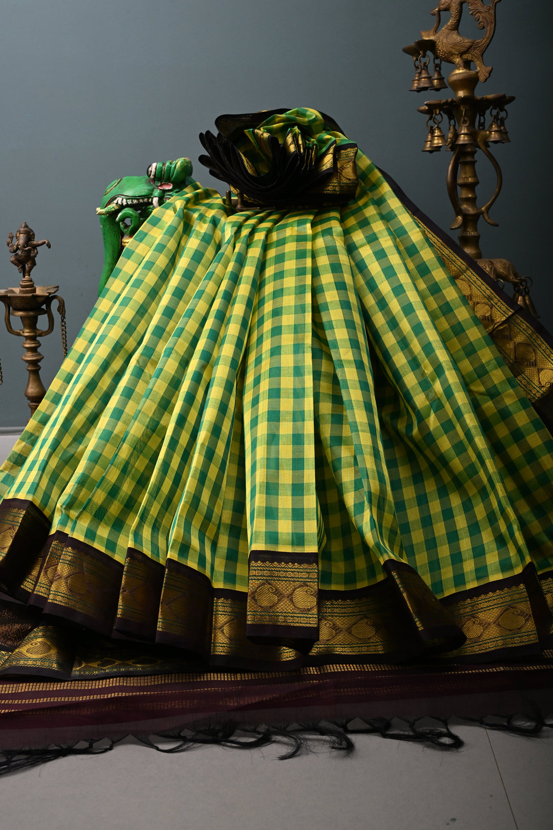 Green-Yellow Checks Kanchi Silk Cotton 100% Handloom Saree And Contrast Zari Border | SHOBITAM