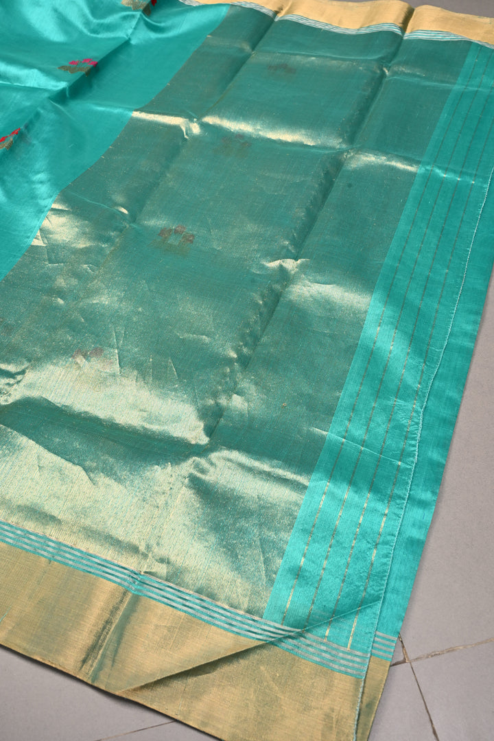 Aqua Chanderi Silk Saree with Meenakari  Floral Zari Buttas and Tissue Zari Border | SHOBITAM