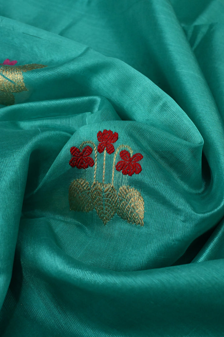 Aqua Chanderi Silk Saree with Meenakari  Floral Zari Buttas and Tissue Zari Border | SHOBITAM