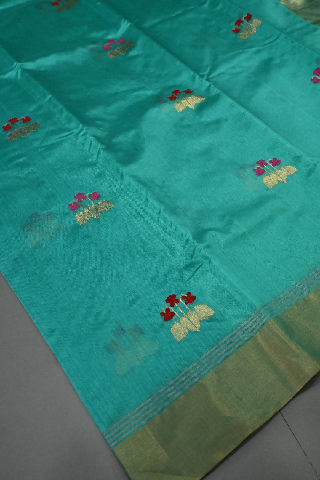 Aqua Chanderi Silk Saree with Meenakari  Floral Zari Buttas and Tissue Zari Border | SHOBITAM