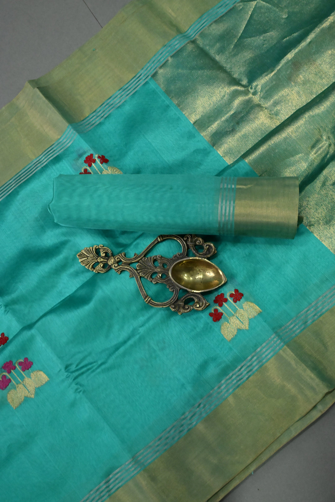 Aqua Chanderi Silk Saree with Meenakari  Floral Zari Buttas and Tissue Zari Border | SHOBITAM