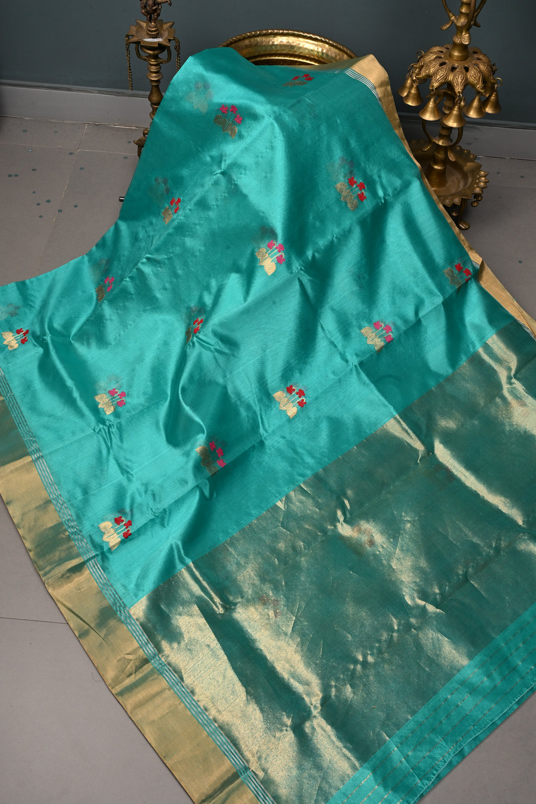 Aqua Chanderi Silk Saree with Meenakari  Floral Zari Buttas and Tissue Zari Border | SHOBITAM