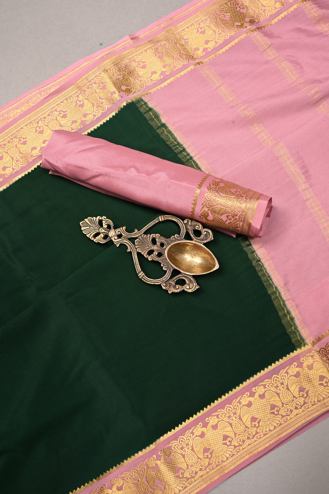 Forest Green Mysore Silk Saree with Contrast Ganda Berunda Zari Border  | SILK MARK CERTIFIED | SHOBITAM