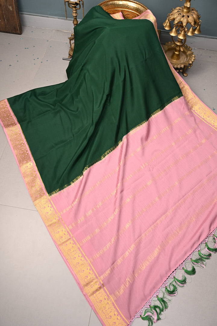 Forest Green Mysore Silk Saree with Contrast Ganda Berunda Zari Border  | SILK MARK CERTIFIED | SHOBITAM