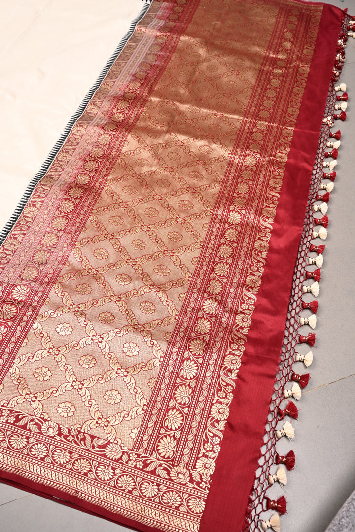 Ivory Banarasi Katan Silk Saree with Contrast Floral Zari Border | SILK MARK CERTIFIED | SHOBITAM