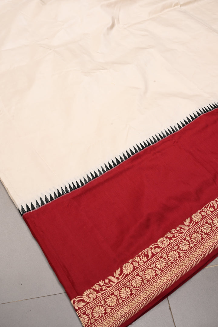 Ivory Banarasi Katan Silk Saree with Contrast Floral Zari Border | SILK MARK CERTIFIED | SHOBITAM