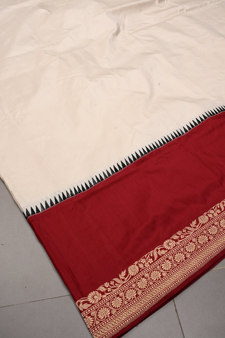 Ivory Banarasi Katan Silk Saree with Contrast Floral Zari Border | SILK MARK CERTIFIED | SHOBITAM