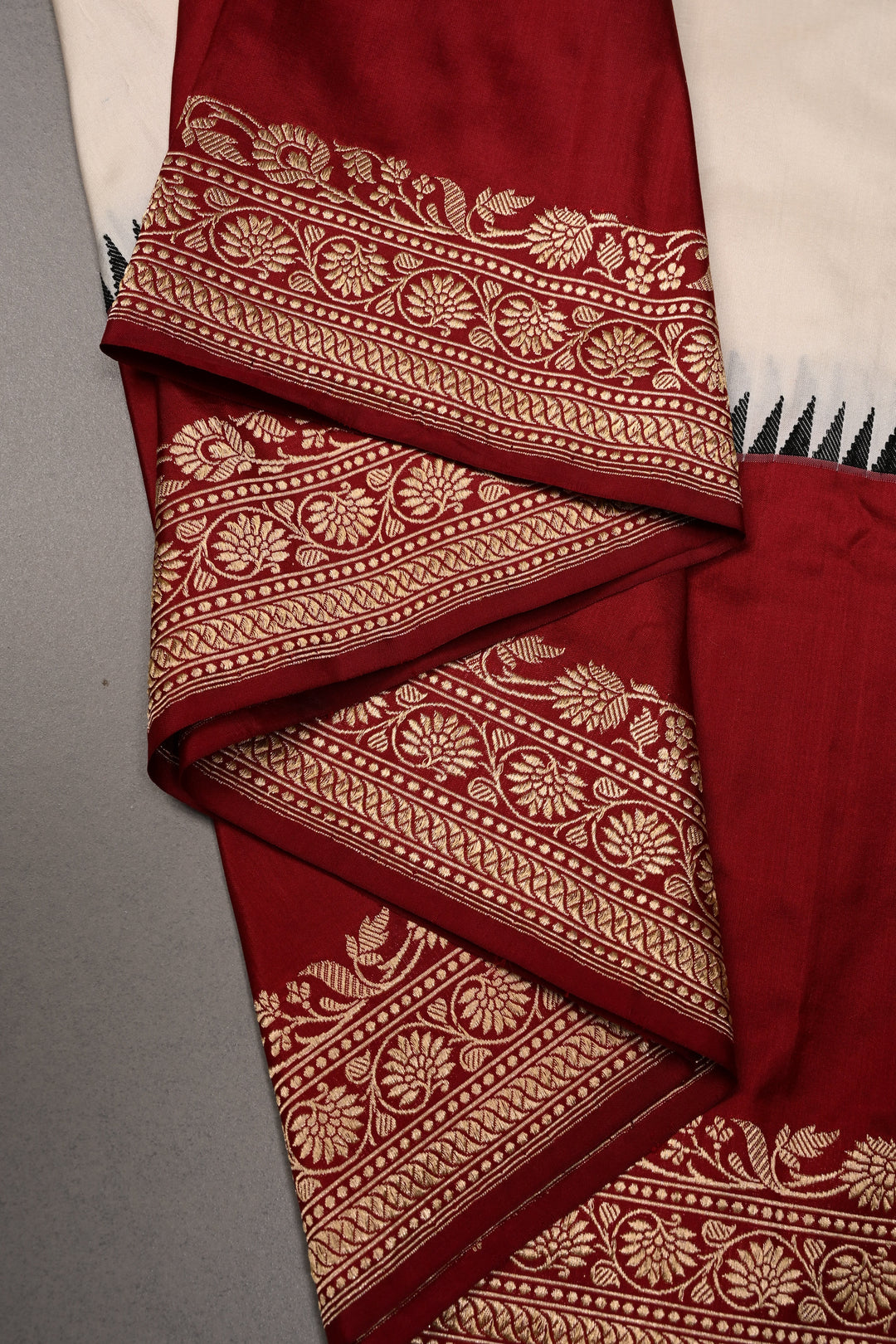 Ivory Banarasi Katan Silk Saree with Contrast Floral Zari Border | SILK MARK CERTIFIED | SHOBITAM