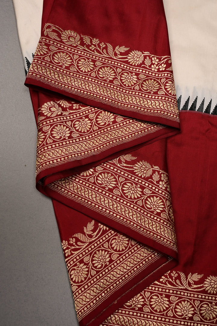 Ivory Banarasi Katan Silk Saree with Contrast Floral Zari Border | SILK MARK CERTIFIED | SHOBITAM