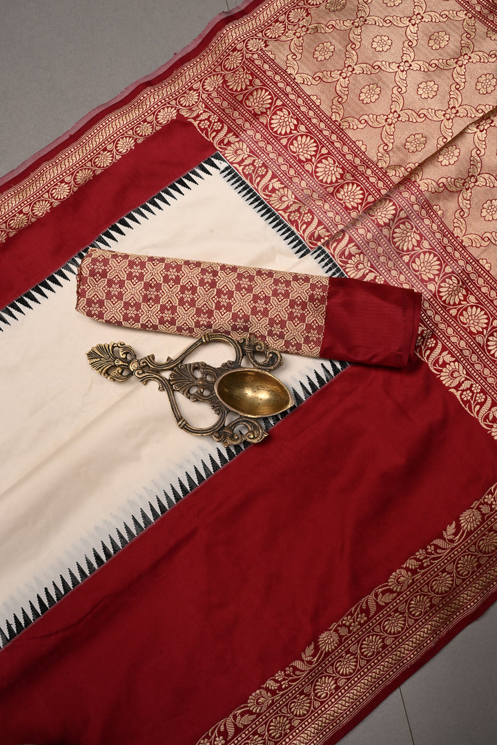 Ivory Banarasi Katan Silk Saree with Contrast Floral Zari Border | SILK MARK CERTIFIED | SHOBITAM