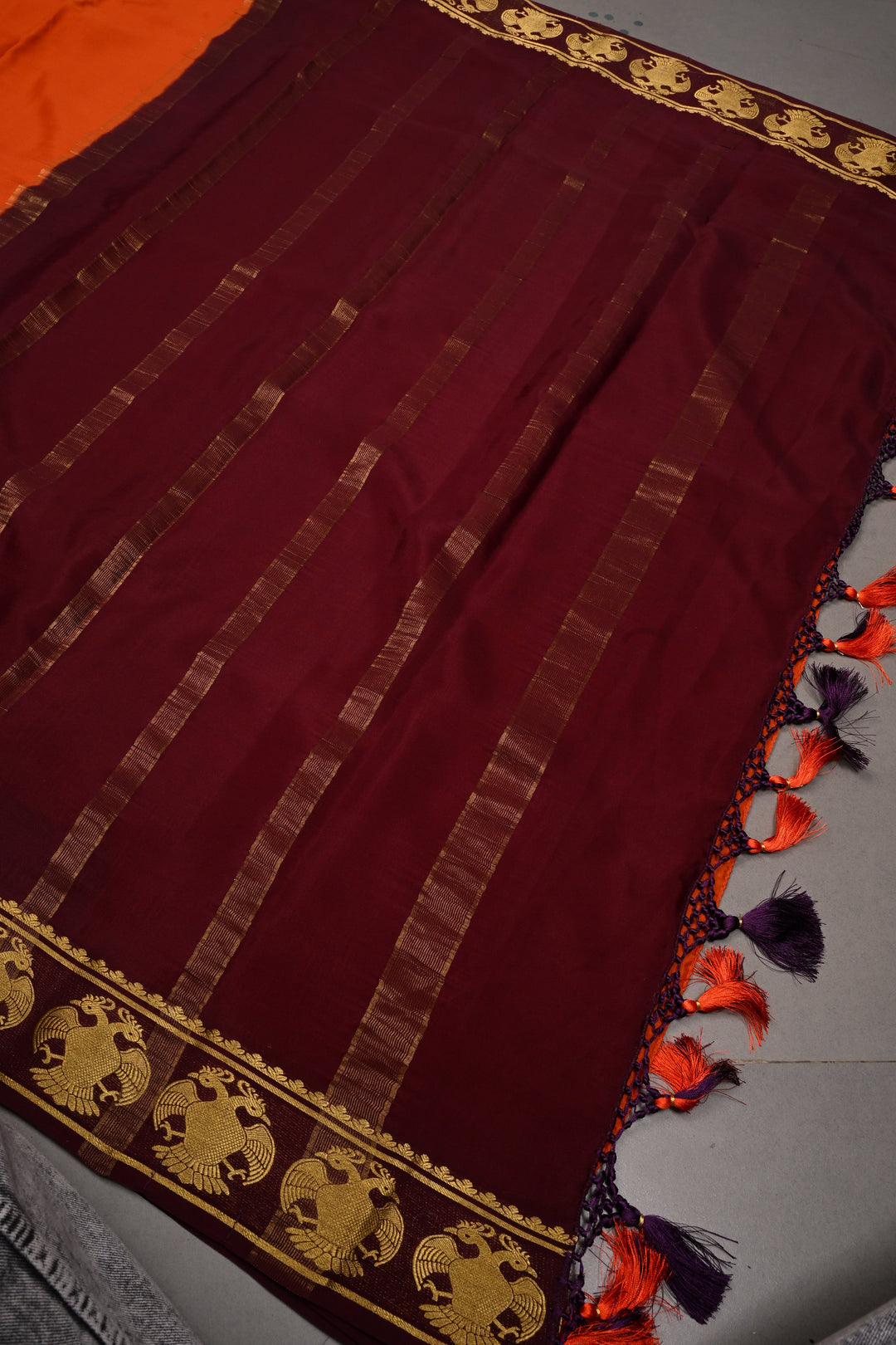 Persimmon Orange Mysore Silk Saree with Contrast Ganda Berunda Zari Border  | SILK MARK CERTIFIED | SHOBITAM