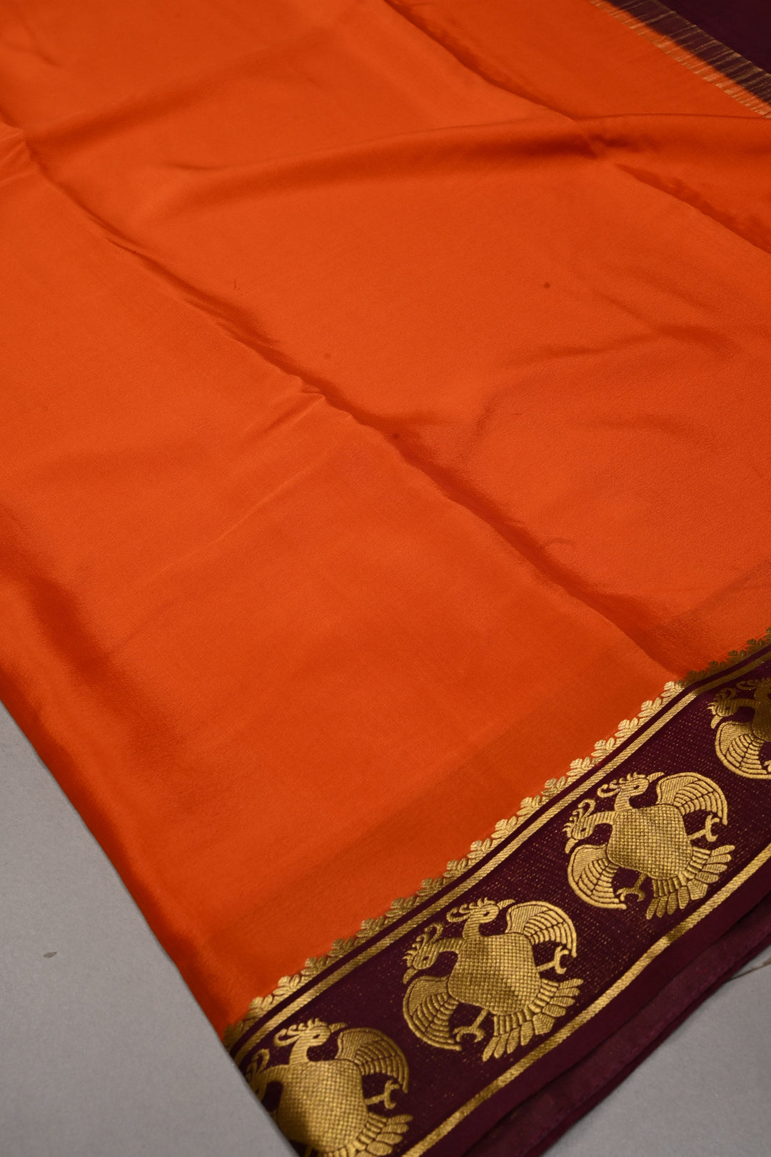 Persimmon Orange Mysore Silk Saree with Contrast Ganda Berunda Zari Border  | SILK MARK CERTIFIED | SHOBITAM