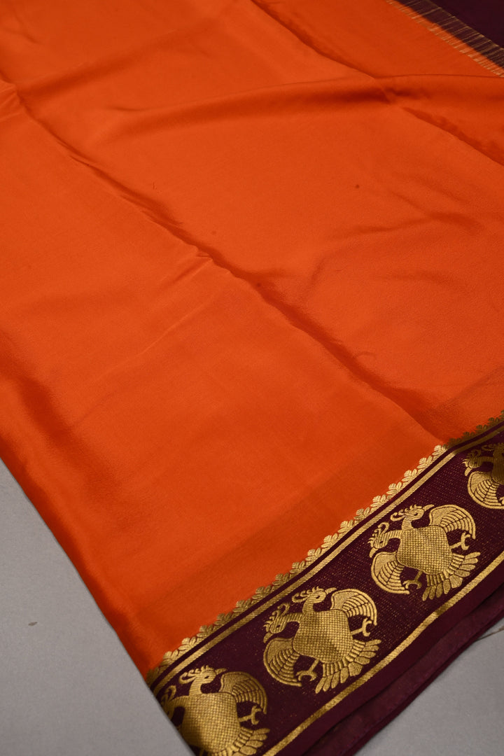 Persimmon Orange Mysore Silk Saree with Contrast Ganda Berunda Zari Border  | SILK MARK CERTIFIED | SHOBITAM