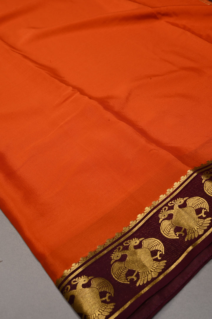Persimmon Orange Mysore Silk Saree with Contrast Ganda Berunda Zari Border  | SILK MARK CERTIFIED | SHOBITAM