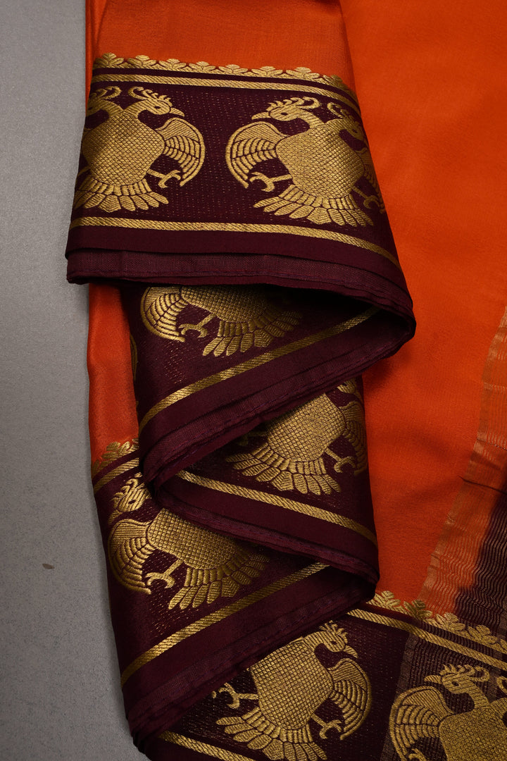 Persimmon Orange Mysore Silk Saree with Contrast Ganda Berunda Zari Border  | SILK MARK CERTIFIED | SHOBITAM