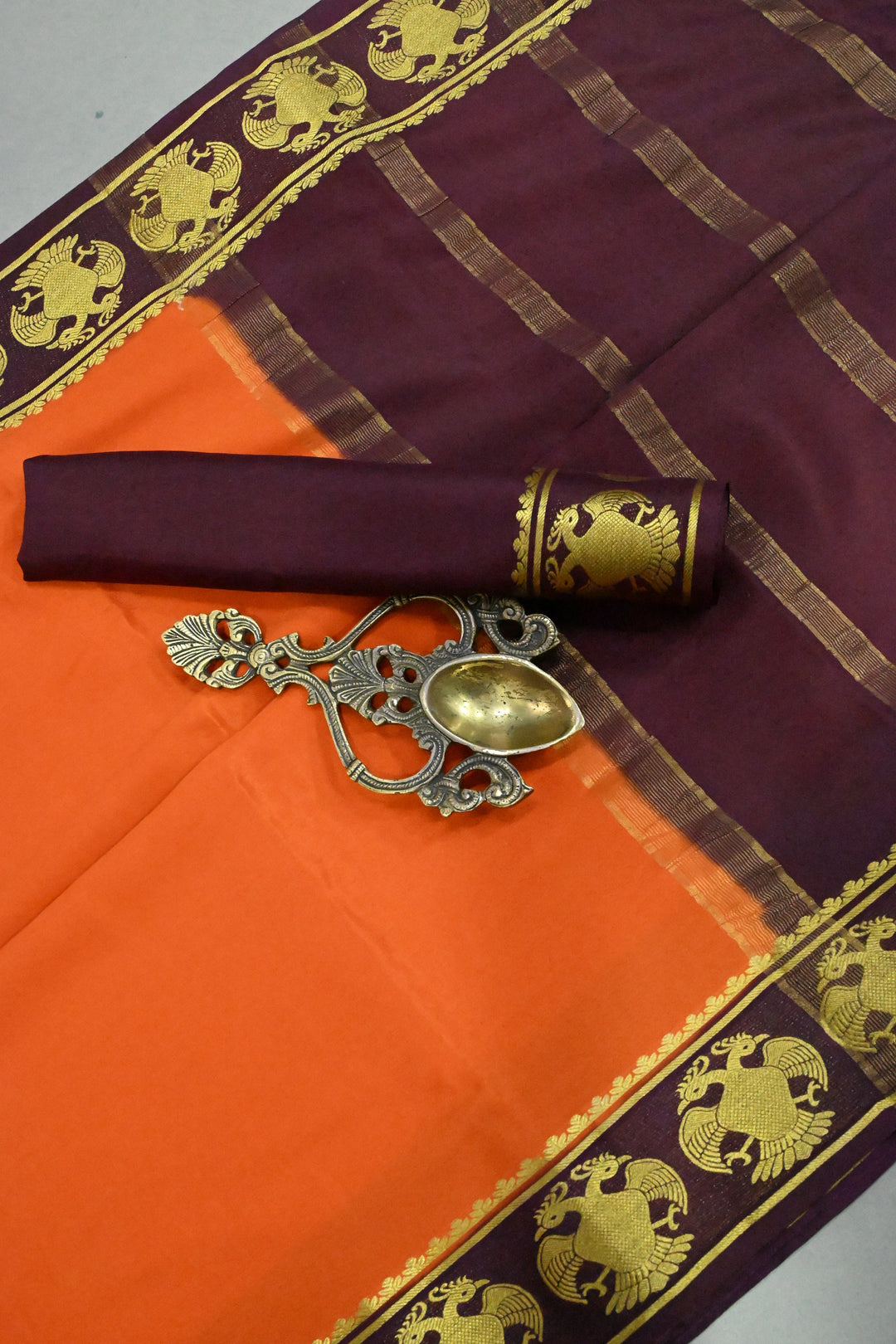 Persimmon Orange Mysore Silk Saree with Contrast Ganda Berunda Zari Border  | SILK MARK CERTIFIED | SHOBITAM