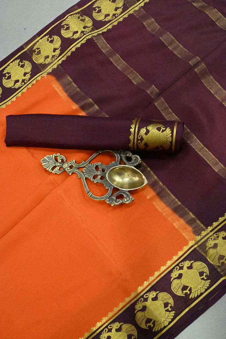 Persimmon Orange Mysore Silk Saree with Contrast Ganda Berunda Zari Border  | SILK MARK CERTIFIED | SHOBITAM